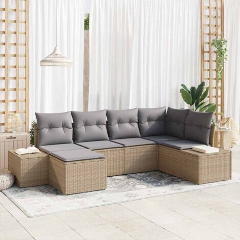 vidaXL Garten-Sofa-Set 6-teilig Beige und Grau Rattan, Polyesterkissen