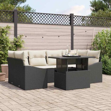 vidaXL Garten-Sofa-Set 7 Teile Schwarzes Sofa mit cremefarbenen Kissen