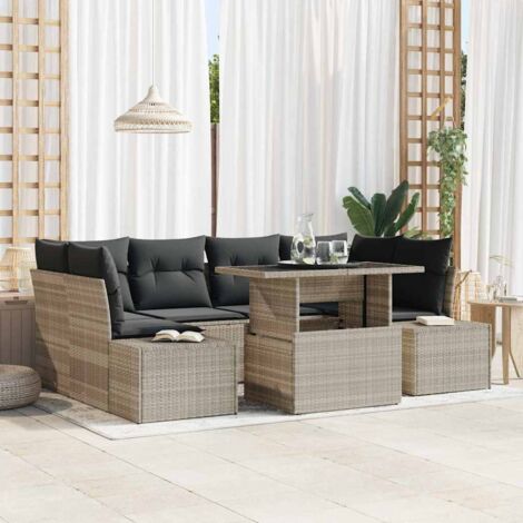 vidaXL Garten-Sofa-Set 7-teilig Grau PE-Rattan Rechteckig Modern