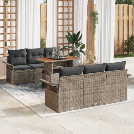 vidaXL Garten-Sofa-Set 7-teilig Grau Rattan Rechteckig Zeitgenössisch