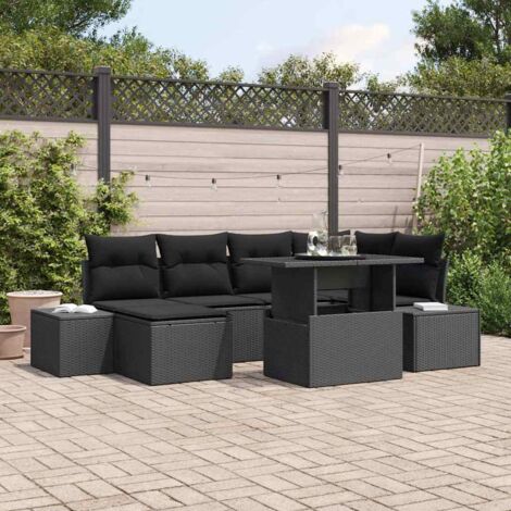 vidaXL Garten Sofa Set 7-teilig Schwarz Rattan, Polyester Garten Ecksofa