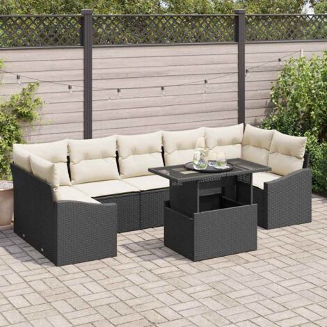 vidaXL Garten-Sofa-Set 8-teilig Schwarz Rattan, Polyester Outdoortisch