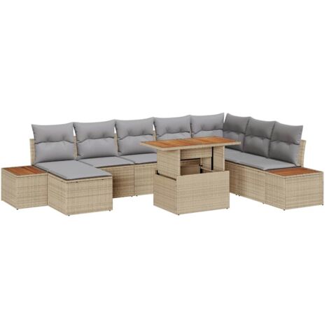 vidaXL Garten-Sofa-Set 9-teilig Beige, Grau Rattan, Polyester, Schaum