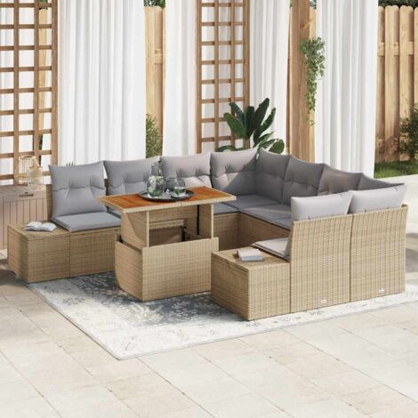 vidaXL Garten Sofa Set 9-teilig Beige mit grauen Kissen
