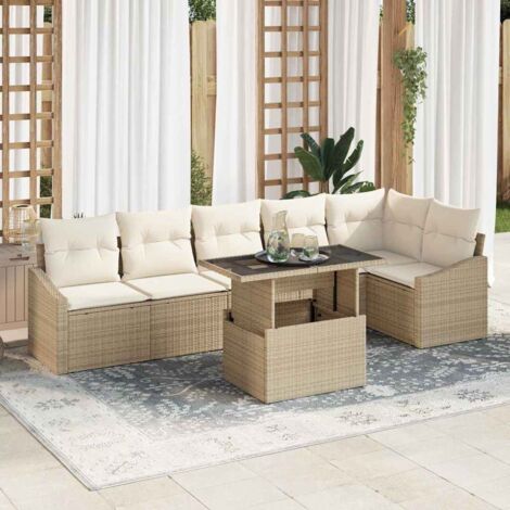 vidaXL Garten Sofa Set Set aus 7 Beige Rattan, Polyester, Schaum