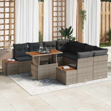 vidaXL Garten-Sofa-Set Set aus 9 Grau Rattan und Holz Garten-Sofa-Set