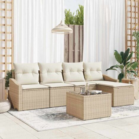 vidaXL Garten-Sofaset 6-teilig Beige Rattan und Polyester Gartenmöbel