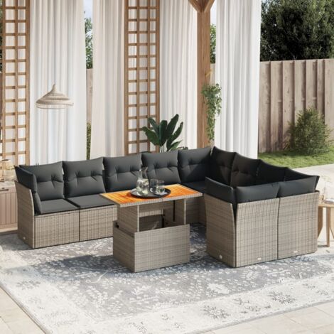 vidaXL Garten-Sofaset mit Kissen 10 Teile grau geflochtene Kunstfaser