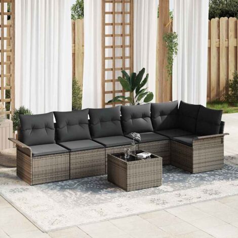vidaXL Garten-Sofaset Set mit 7 Grau Polyethylen-Rattan Garten-Sofaset