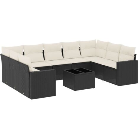 vidaXL Gartenbank 10 Teilig mit Kissen schwarz Rattan