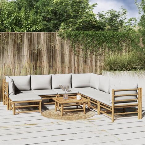vidaXL Gartenbank 9-teilig mit grauen Kissen aus Bambus