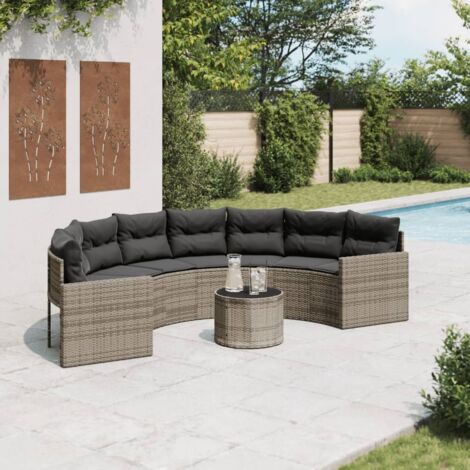 vidaXL Gartenbank halbrund mit Kissen graues Geflecht