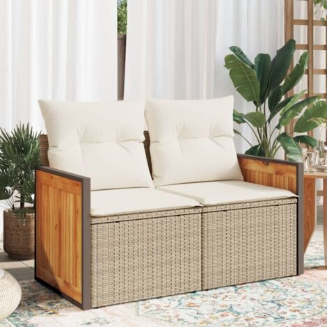 vidaXL Gartenbank mit Kissen 2-Sitzer Beige Geflecht