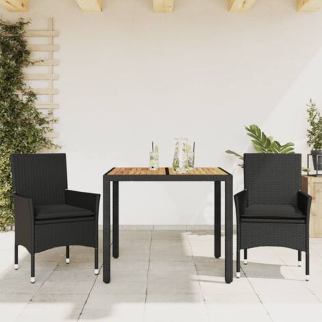 vidaXL Gartenessgruppe mit Kissen 3 teilig schwarz Rattan Akazie