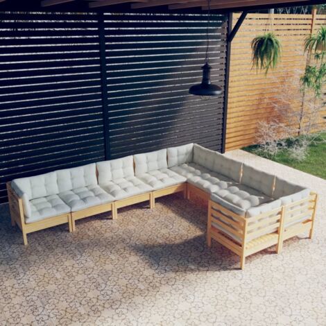 vidaXL Gartenliege 9-teilig mit cremefarbenen Kissen aus Kiefernholz