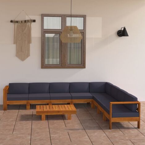 vidaXL Gartenliege 9-teilig mit dunkelgrauen Kissen aus Akazienholz