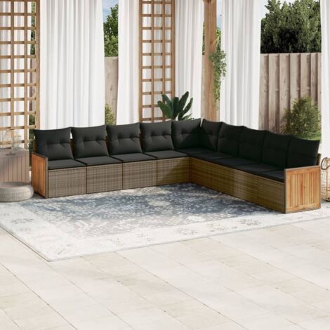 vidaXL Gartenliege 9-teilig mit grauen Kissen aus geflochtener Kunstfaser