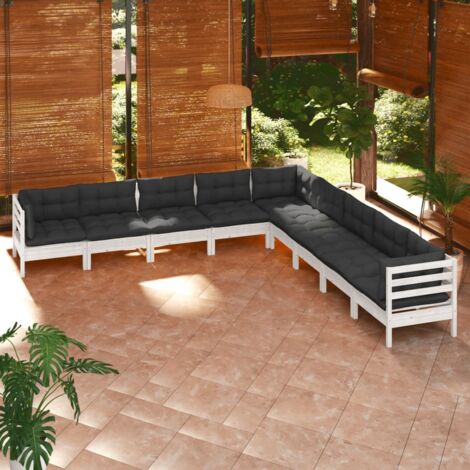 vidaXL Gartenliege 9-teilig mit weißen Kissen aus massivem Kiefernholz