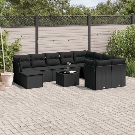 vidaXL Gartenliege Set 10-teilig mit Kissen Schwarz Rattan
