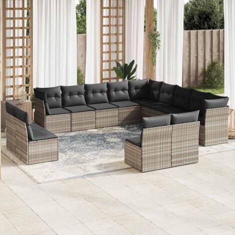 vidaXL Gartenliegeset mit Kissen 13 Teile Grau Hell Geflochtenes Material