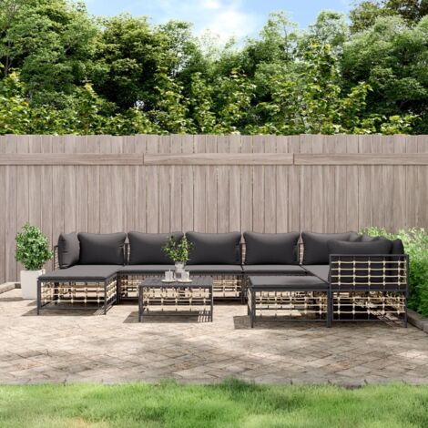 vidaXL Gartenlounge 10-teilig mit anthrazitfarbigen Kissen aus geflochtenem Kunststoff