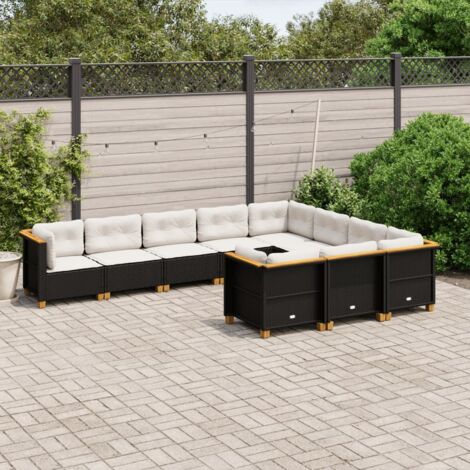 vidaXL Gartenlounge 10-teilig mit Kissen Schwarz Rattan