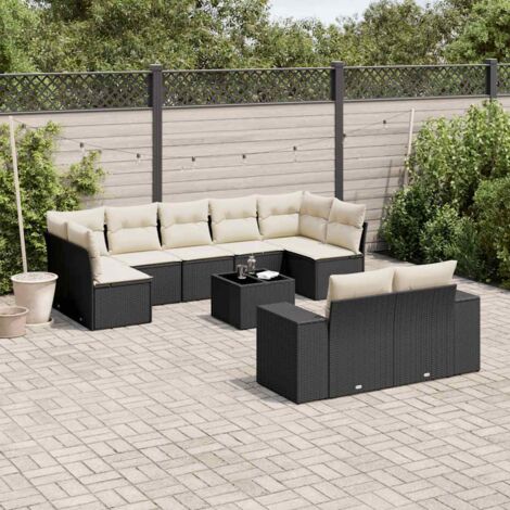 vidaXL Gartenlounge 10-teilig mit Kissen schwarz Rattangeflecht