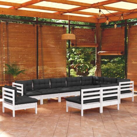 vidaXL Gartenlounge 10-teilig mit weißen Kissen aus massivem Kiefernholz