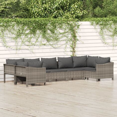 vidaXL Gartenlounge 7-teilig mit Kissen Grau Geflecht