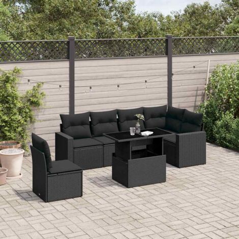vidaXL Gartenlounge 7-teilig mit Kissen schwarz Rattan