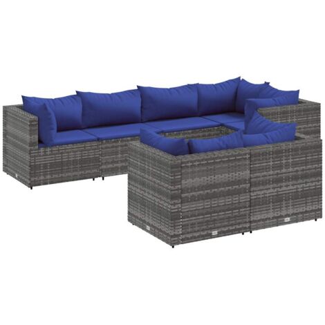 vidaXL Gartenlounge 7-tlg. mit Kissen Grau Geflecht