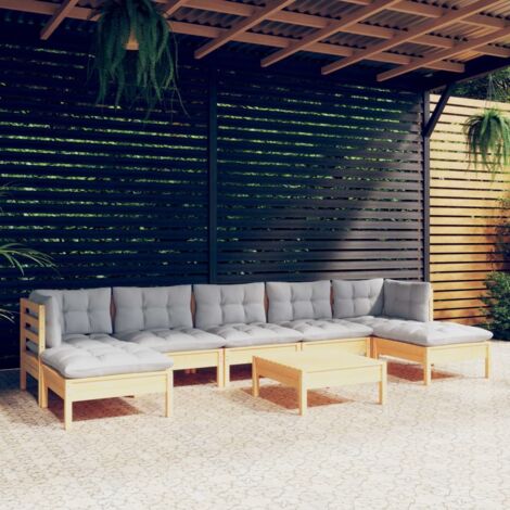 vidaXL Gartenlounge 8-teilig mit grauen Kissen aus Kiefernholz