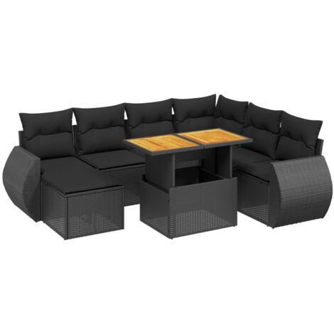 vidaXL Gartenlounge 8-teilig mit Kissen Schwarz Rattan