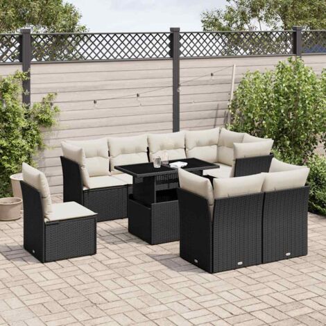 vidaXL Gartenlounge 9 Teile mit schwarzen Kissen aus Rattan