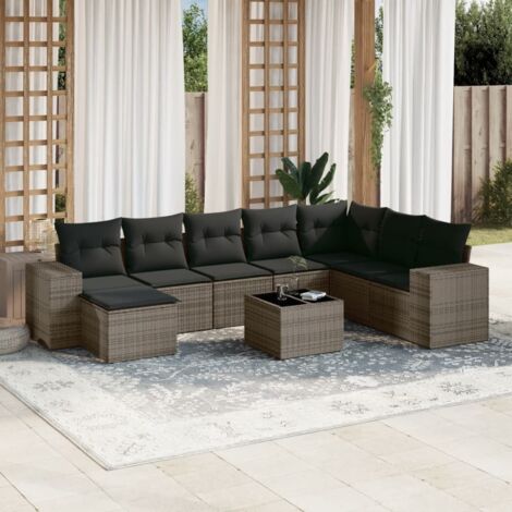 vidaXL Gartenlounge 9-teilig mit grauen Kissen aus geflochtener Harz