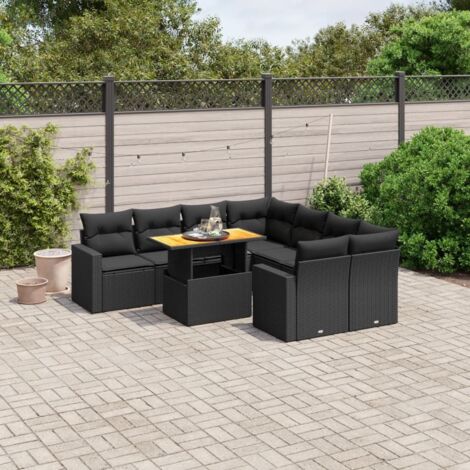vidaXL Gartenlounge 9-teilig mit Kissen Schwarz Geflochtene Kunststoffe