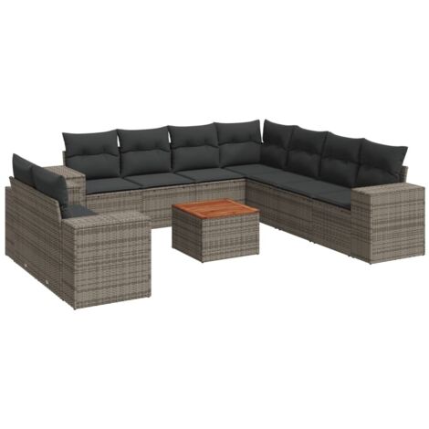 vidaXL Gartenlounge mit Kissen 10 Stück grau geflochtene Rattan