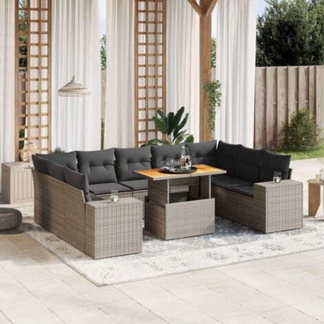 vidaXL Gartenlounge mit Kissen 10 Teilig grau Rattan
