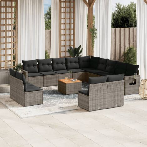 vidaXL Gartenlounge mit Kissen 14-teilig grau geflochtenes Material