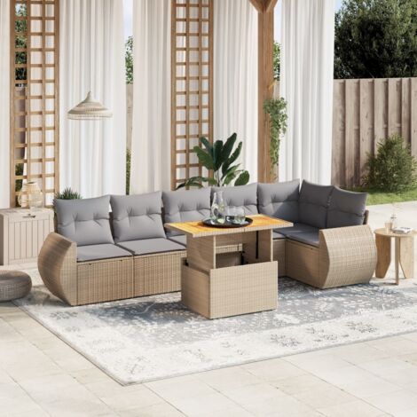 vidaXL Gartenlounge mit Kissen 7 Teile beige Rattan
