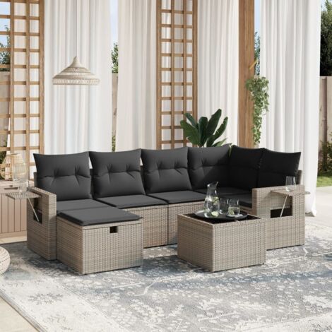 vidaXL Gartenlounge mit Kissen 7 Teile grau Rattan