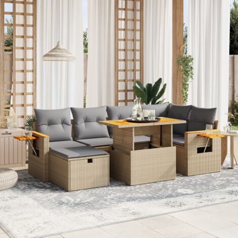 vidaXL Gartenlounge mit Kissen 7 teilig beige geflochtene Rattan