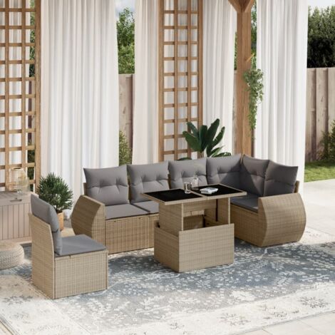 vidaXL Gartenlounge mit Kissen 7-teilig beige Rattan