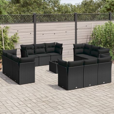 vidaXL Gartenlounge Set mit Kissen 13 Teile Schwarz Geflochtene Kunstfaser