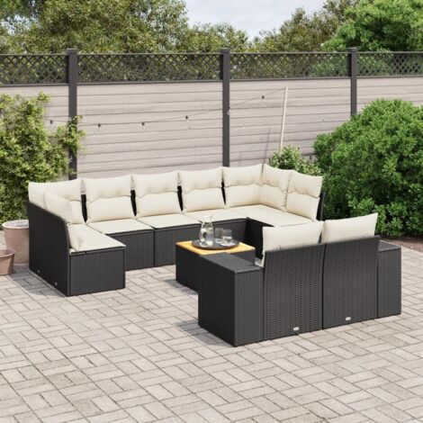 vidaXL Gartenloungeset 10-teilig mit Kissen Schwarz Rattan