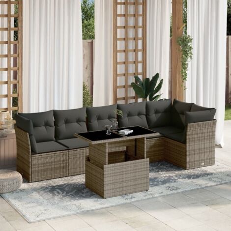 vidaXL Gartenloungeset mit Kissen 7 Teile grau geflochtenes Kunststoff