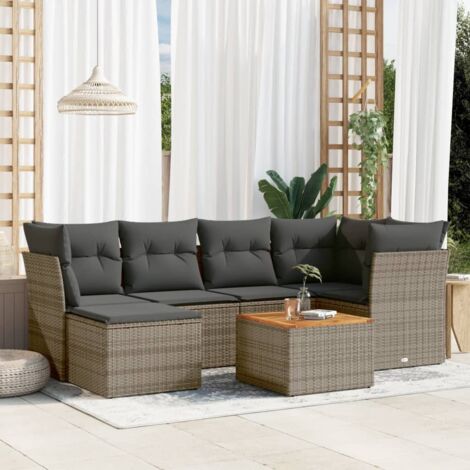 vidaXL Gartenloungeset mit Kissen 7 Teilig Grau Rattan