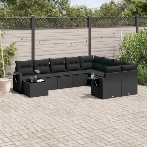 vidaXL Gartenmöbel 10-teilig mit Kissen Schwarz Geflecht