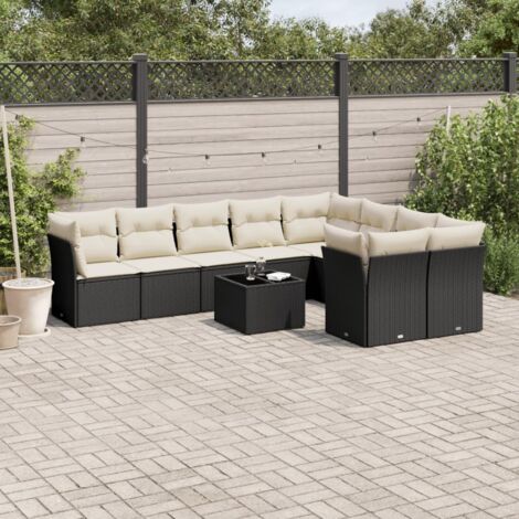vidaXL Gartenmöbel 10-teilig mit Kissen Schwarz geflochtene Rattan