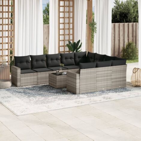 vidaXL Gartenmöbel 11-teilig mit hellgrauen Kissen aus Geflecht